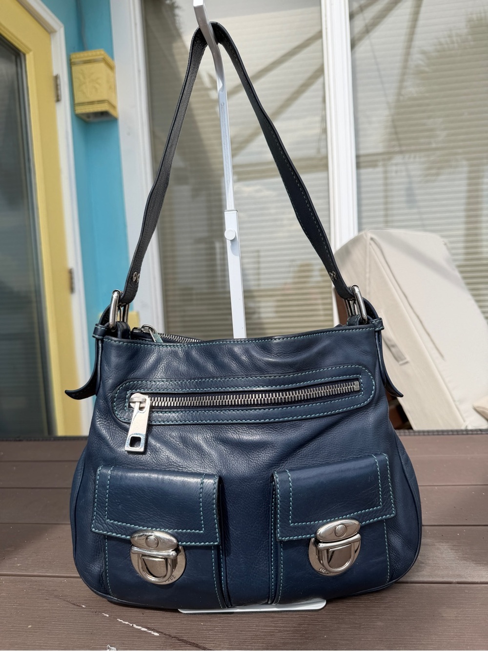 Marc Jacobs Sophia Leather Shoulder Bag in Navy